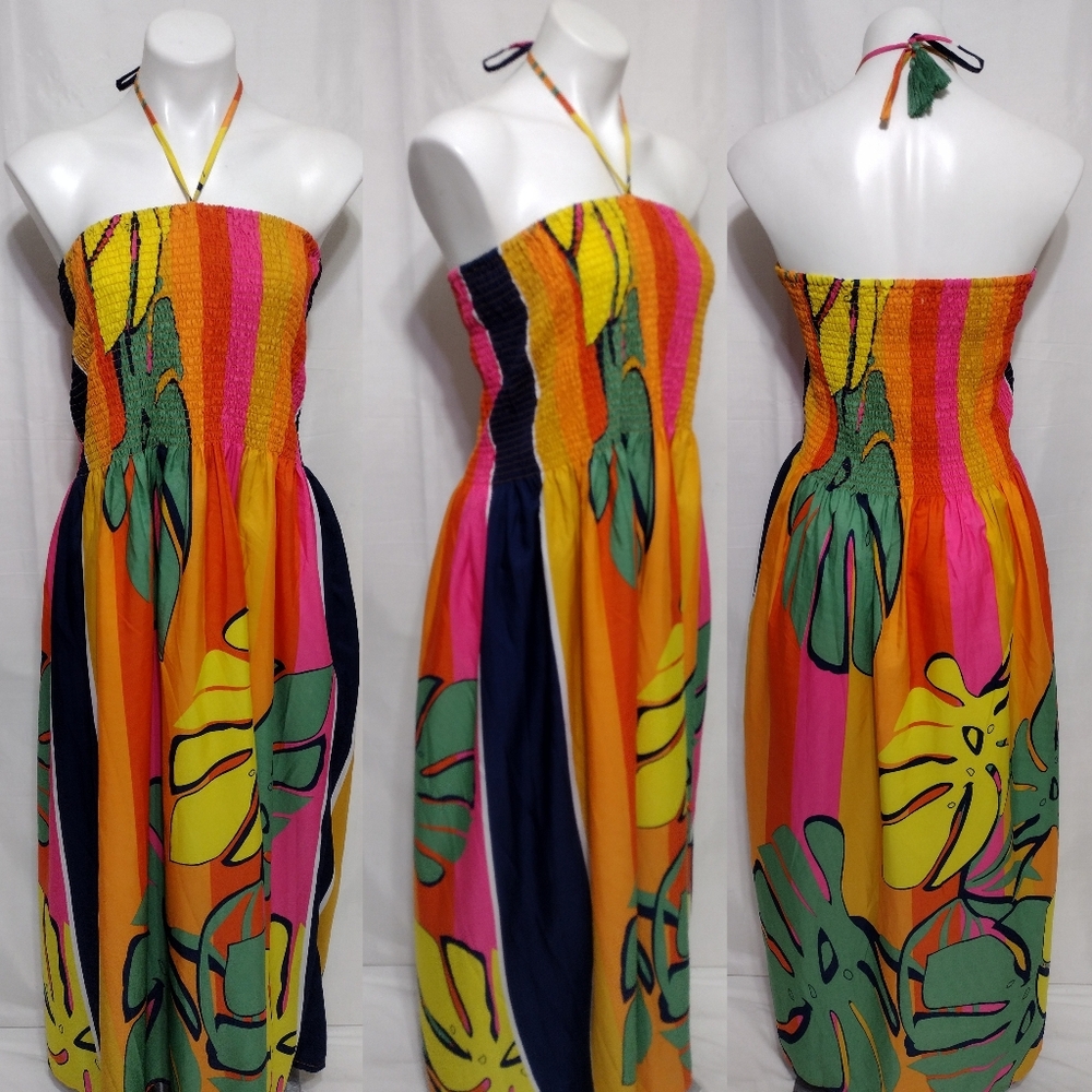 Gypsieblue Smocked Halter Maxi Dress M Vibrant Tropical Leaves Print Boho Chic